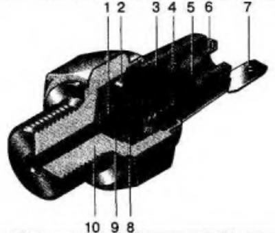 Рис. 5.9. Датчик ММ 120-Д сигнализатора аварийного давления масла: 1 - толкатель; 2 - подвижный…