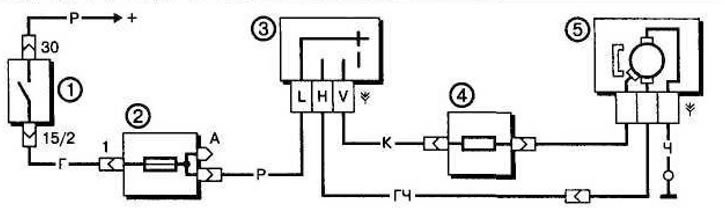 Рис. 6.11. Схема соединений электрооборудования отопителя: 1 - выключатель зажигания; 2 - блок…