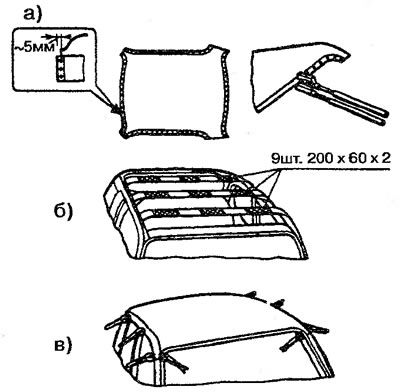 Рис. 97. Выполнение отверстий на панели крыши (а), установка противошумных битумных прокладок на…