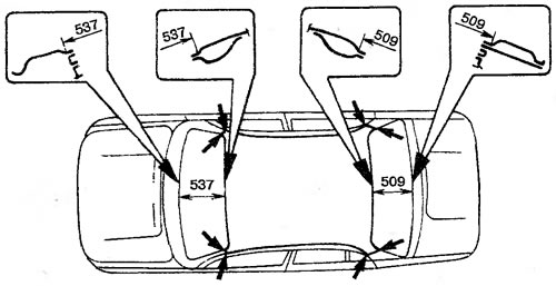 Рис. 98. Установка крыши (стрелками указаны места прихватки крыши к передним и задним стойкам; в…