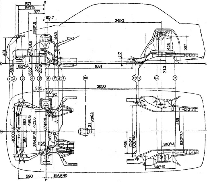 Рис. 113. Контрольные точки крепления узлов и агрегатов автомобиля ВАЗ-2110, -2111, -2112: X, Y, Z…