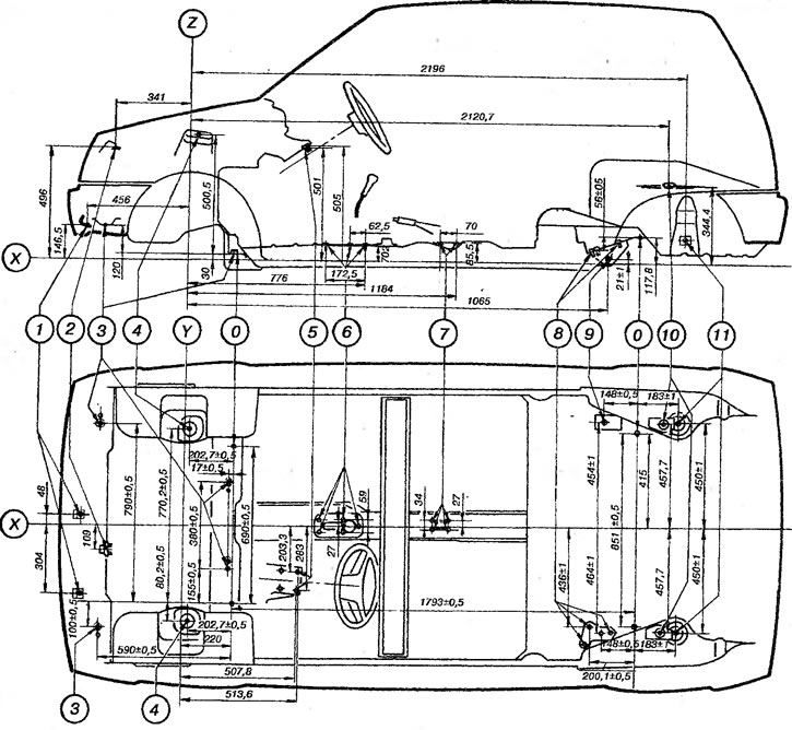 Рис. 115. Контрольные точки крепления узлов и агрегатов ВАЗ-1111: X, Y, Z - базовые пинии, О -…