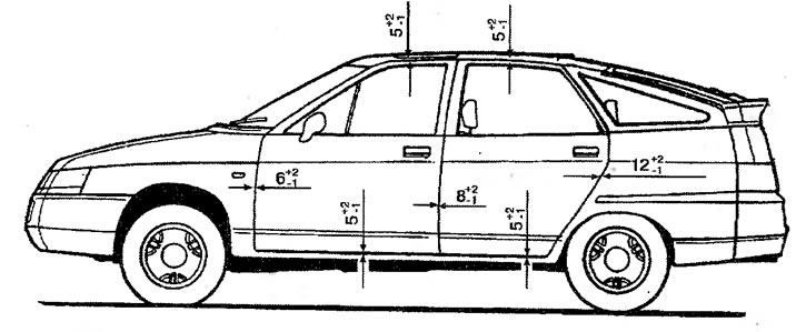 Рис. 130. Линейные размеры зазоров кузовов ВАЗ-2110, -2111, -2112