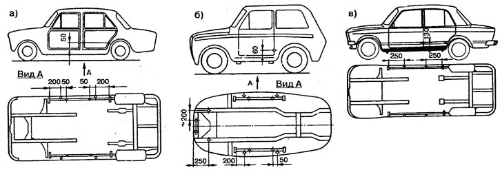 Рис. 137. Места сверления отверстий в кузовах автомобилей: а - ВАЗ-2101, -2102, -21013; б -…
