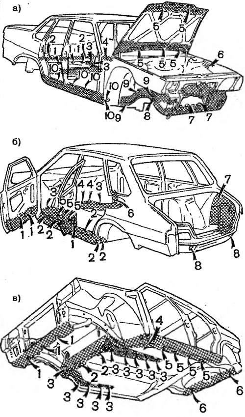 Рис. 141. Скрытые полости кузова автомобилей ВАЗ-2108, -2109, -21099, -2115: