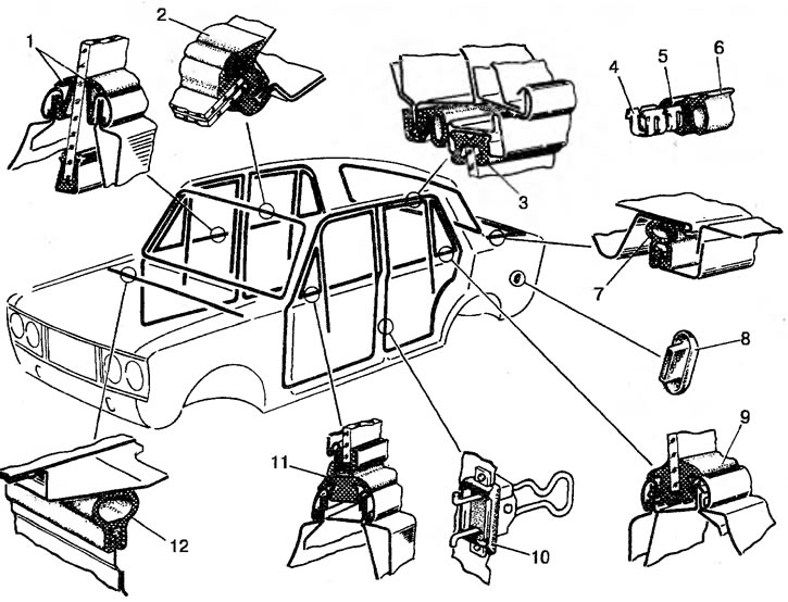 Рис. 144. Резиновые уплотнители кузовов ВАЗ-2101, -2103, -2106: 1 - нижний уплотнитель стекла…