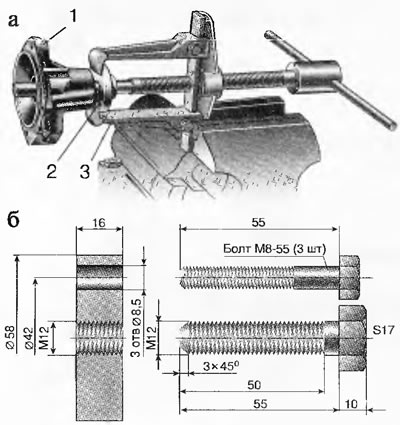 Рис. 2.51. Снятие ступицы универсальным съемником (а): 1 - крышка насоса; 2 - ступица; 3 - съемник,…