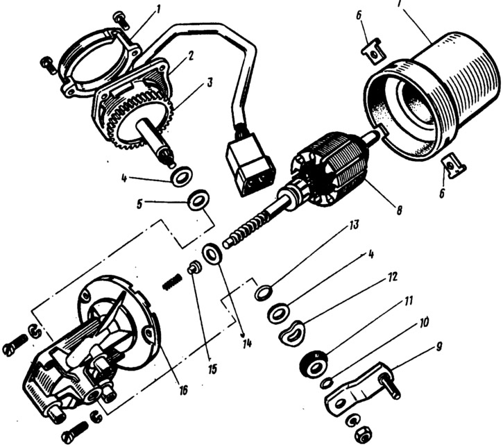Фиг. 248. Електрически задвижващи части на чистачките на предното стъкло: