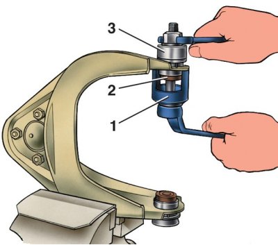 3. За да натиснете ставите, монтирайте инструмента 1 A.47046 на лоста, така че главата на винта на…