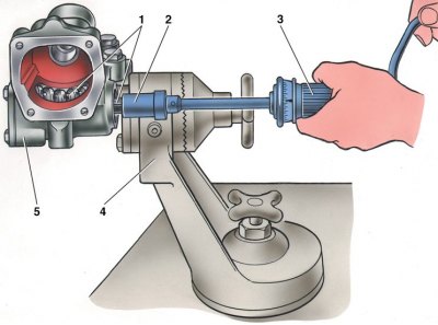 1 – червяк; 2 – головка А.95697/5; 3 – динамометр 02.7812.9501; 4 – кронштейн стенда для ремонта…