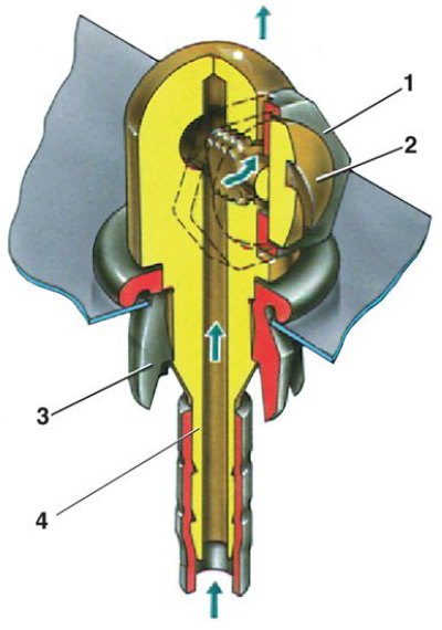 1 – распылитель; 2 – винт; 3 – втулка; 4 – корпус жиклера со штуцером