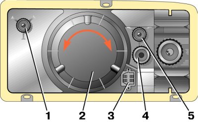 1 – винт за регулиране на светлинния лъч в хоризонтална посока; 2 – корпус на фара; 3 – щепсел; 4 –…