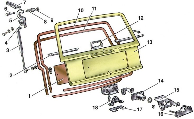 1 – обивка двери; 2 – держатель обивки; 3 – упор двери задка с шарнирами; 4 – усилитель звена…