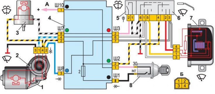 Схема включения очистителя и омывателя ветрового стекла