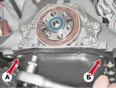 С гаечен ключ с 10 мм развиваме двата болта, които закрепват масления съд към държача, и шестте…