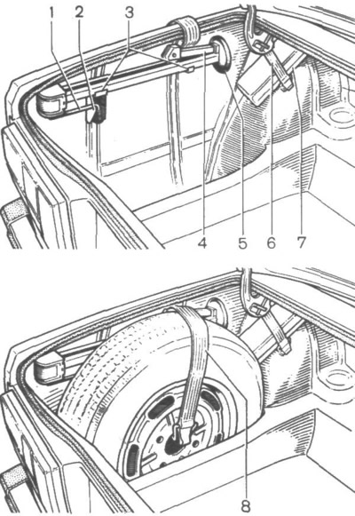 Фиг. 51. Прибиране и закрепване на крика, кутията с инструменти и резервното колело: