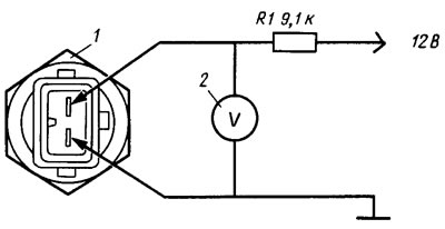 196. ábra Hőmérséklet-érzékelő vizsgálati diagramja: 1 - érzékelő; 2 - voltmérő