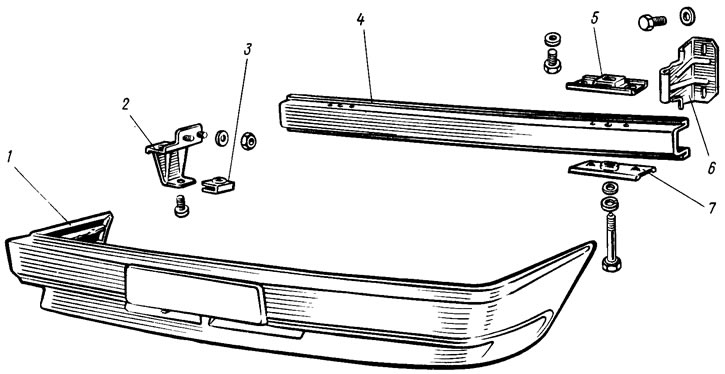 Figure 164. Bumper details: 1 - bumper; 2 - side bracket; 3 - bracket; 4 - beam; 5, 7 - mounting…