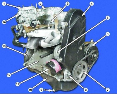 Внешний вид двигателя: 1 - карбюратор; 2 - крышка клапанов; 3 - головка блока цилиндров; 4 -…