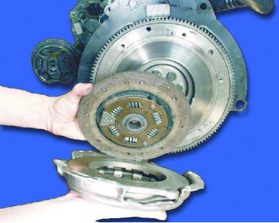 7. Отверните шесть болтов крепления кожуха сцепления к маховику, заблокировав маховик отверткой.…