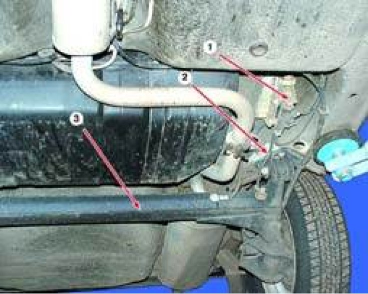 1. Regulator tlaka. 2. Elastična poluga. 3. Greda stražnjeg ovjesa.