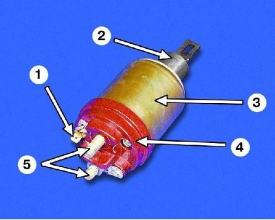 Деталі тягового реле: 1 – висновки обмоток; 2 – якір; 3 – корпус; 4 – кришка; 5 – контактні болти